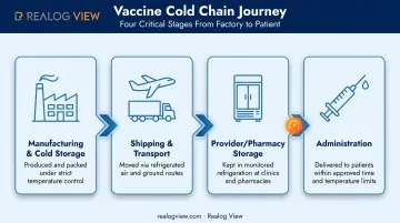Four-stage vaccine cold chain journey from manufacturing to administration