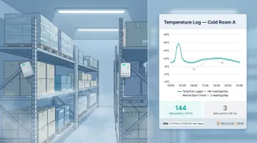 Automated temperature data logger monitoring cold storage with continuous digital readings