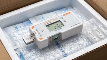 TempTrail data logger device displaying sealed sensor body and USB report generation