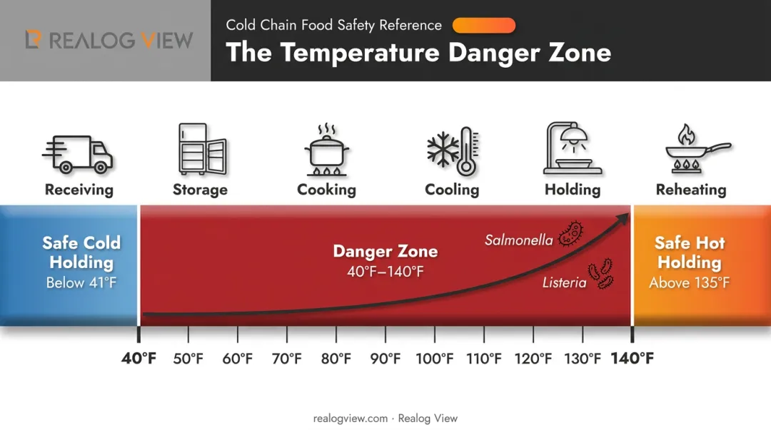 Temperature danger zone chart showing bacterial growth risk range 40-140°F