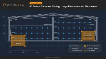 3D pharmaceutical warehouse sensor placement grid diagram with vertical height zones
