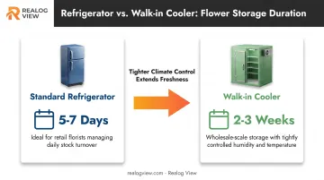 Standard refrigerator versus walk-in cooler flower storage duration comparison