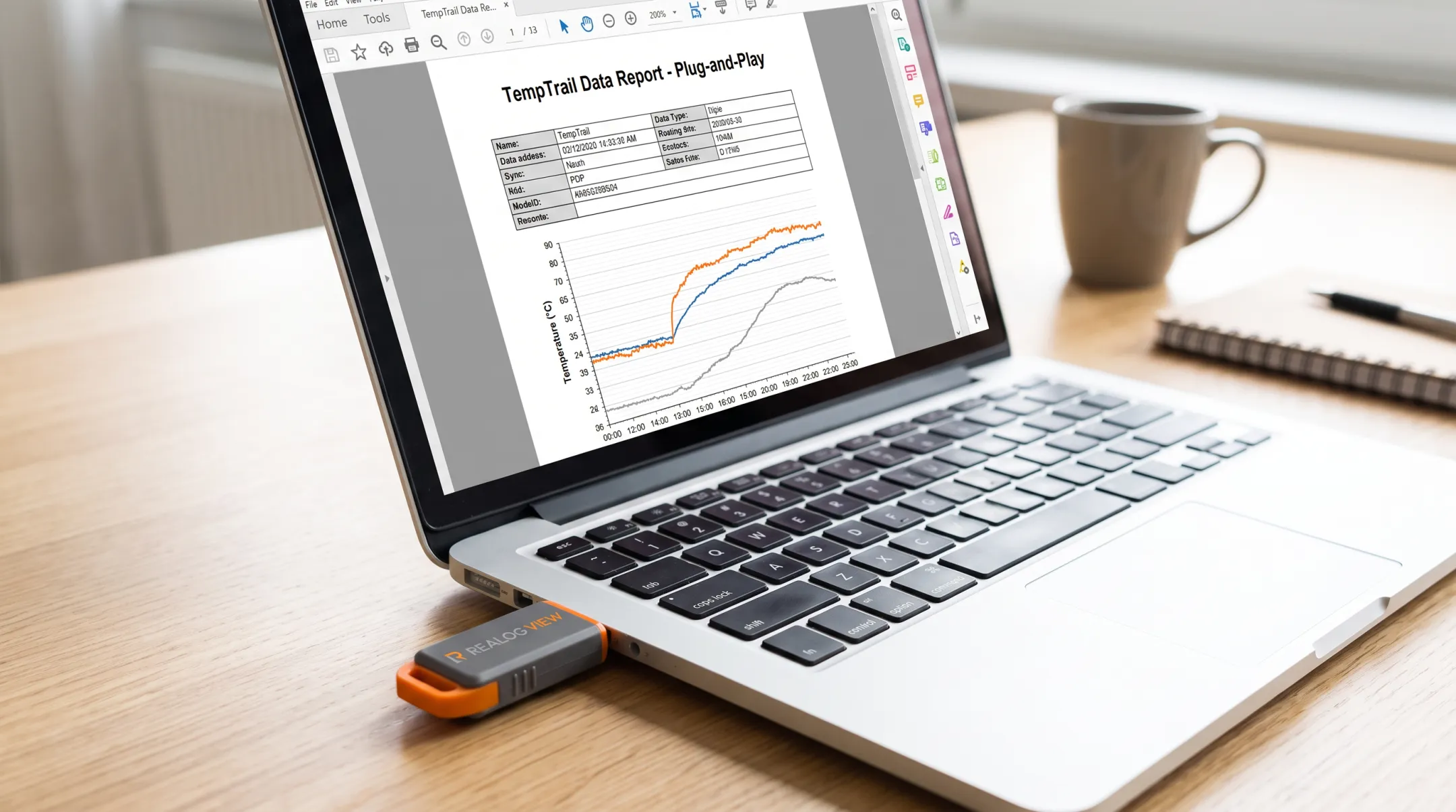 TempTrail USB data logger displaying compliance-ready PDF temperature report
