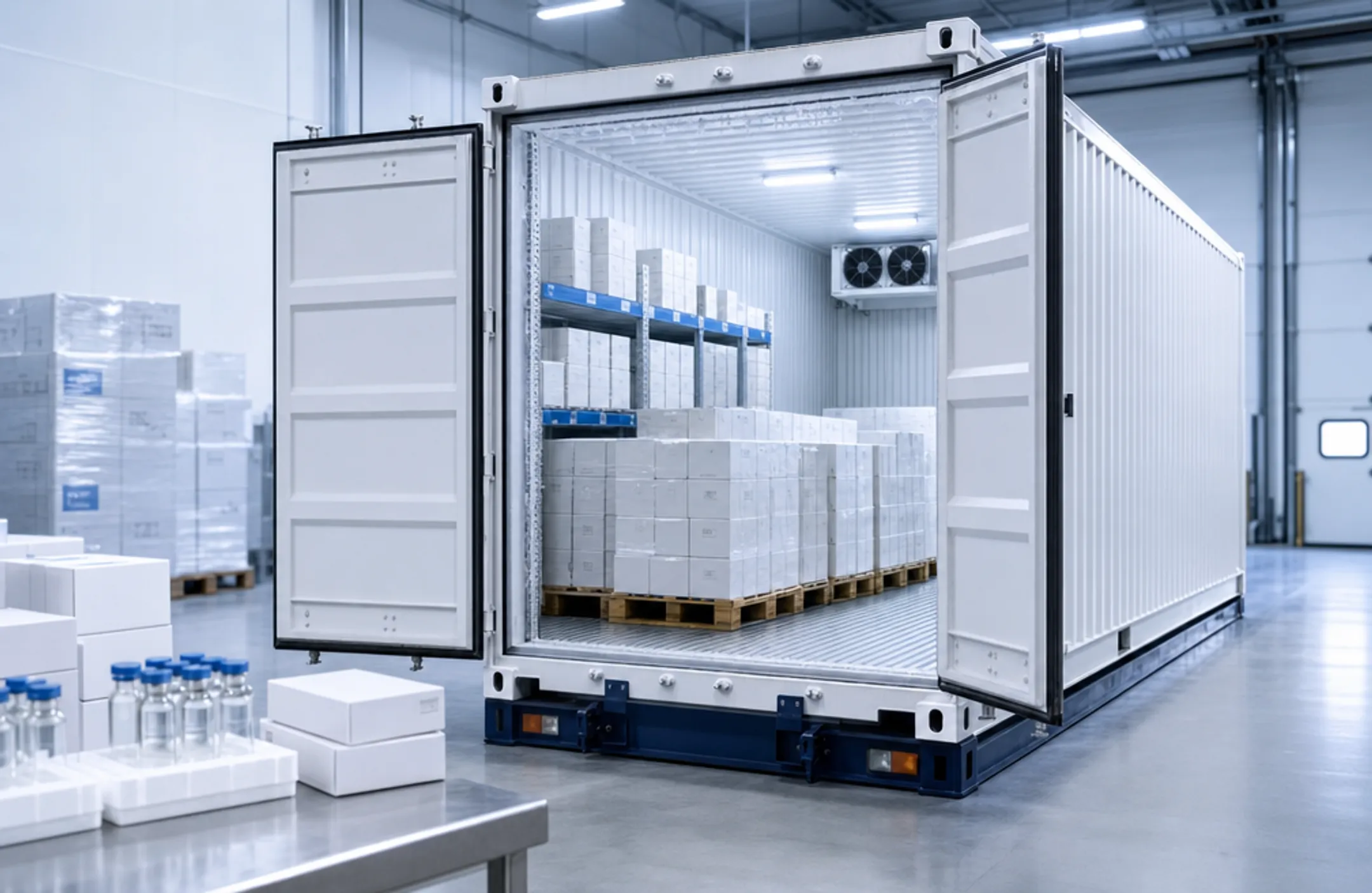 Refrigerated shipping container loaded with pharmaceutical and food cargo