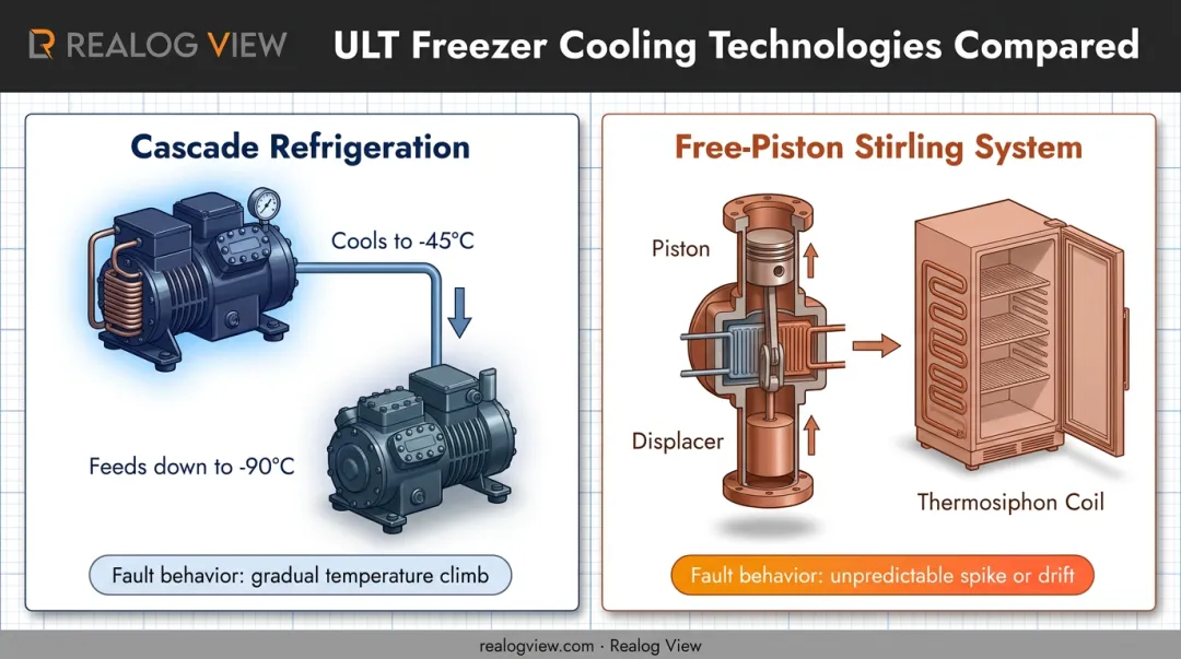 Cascade refrigeration versus free-piston Stirling cooling system comparison diagram