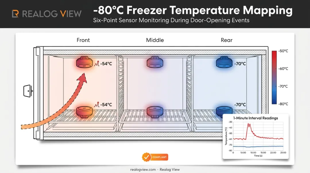 Six-sensor temperature mapping study showing front versus rear freezer variance