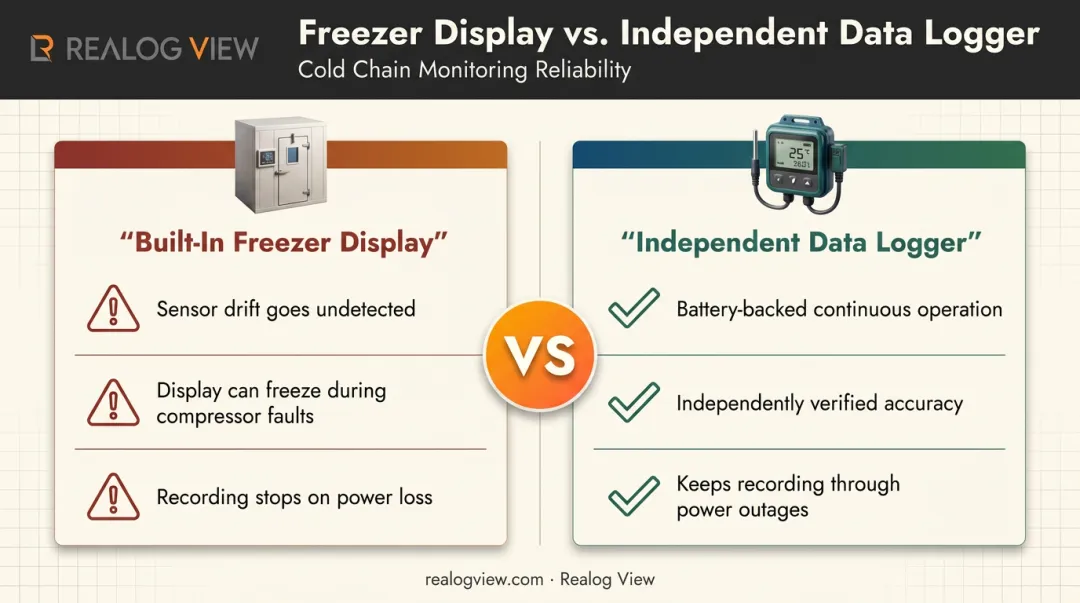 Built-in freezer sensor versus independent data logger reliability comparison