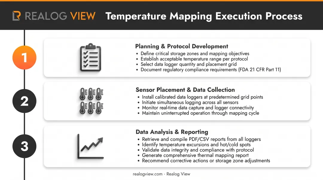 Three-step temperature mapping execution process from protocol to data collection to analysis