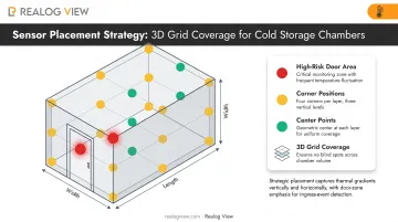 Three-dimensional sensor placement grid showing coverage of corners center and vertical layers
