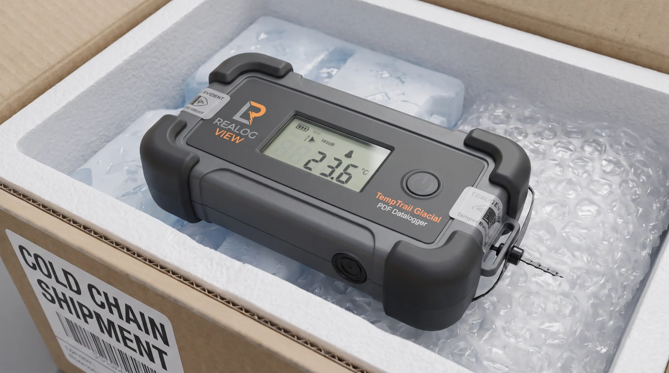 Rugged tamper-proof temperature logger device for pharma cold chain shipping