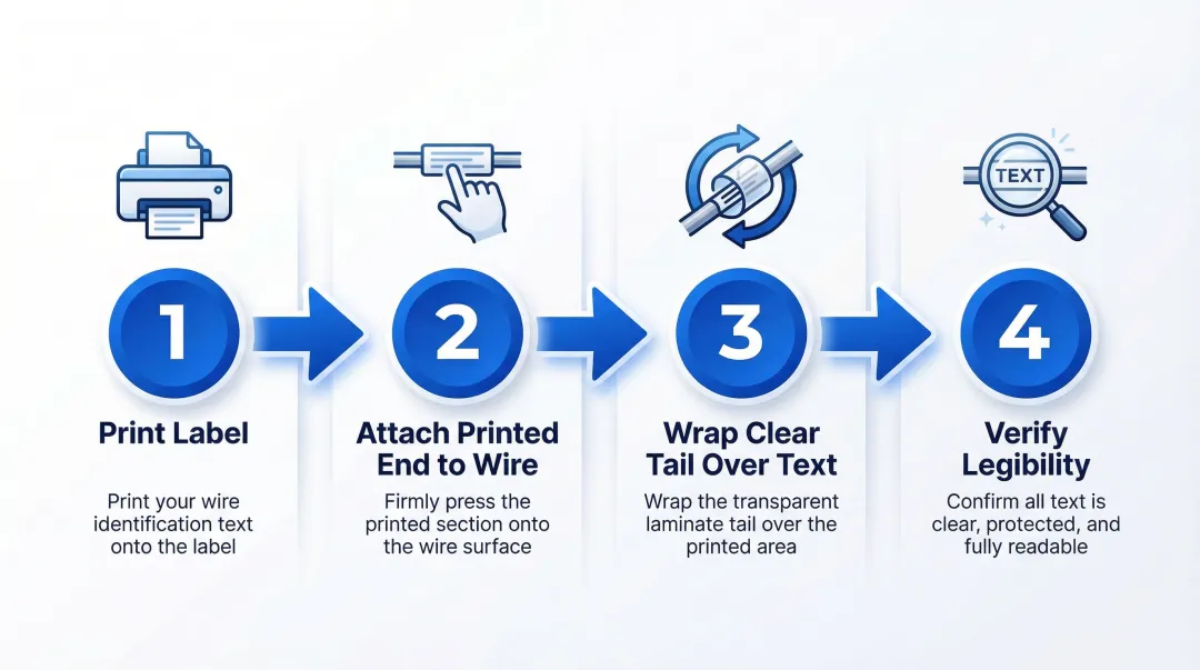4-step self-laminating wire label application process from printing to verification