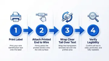 4-step self-laminating wire label application process from printing to verification