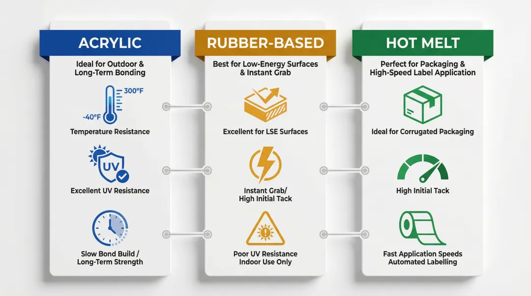 Three industrial tape adhesive chemistries comparison acrylic rubber hot melt properties