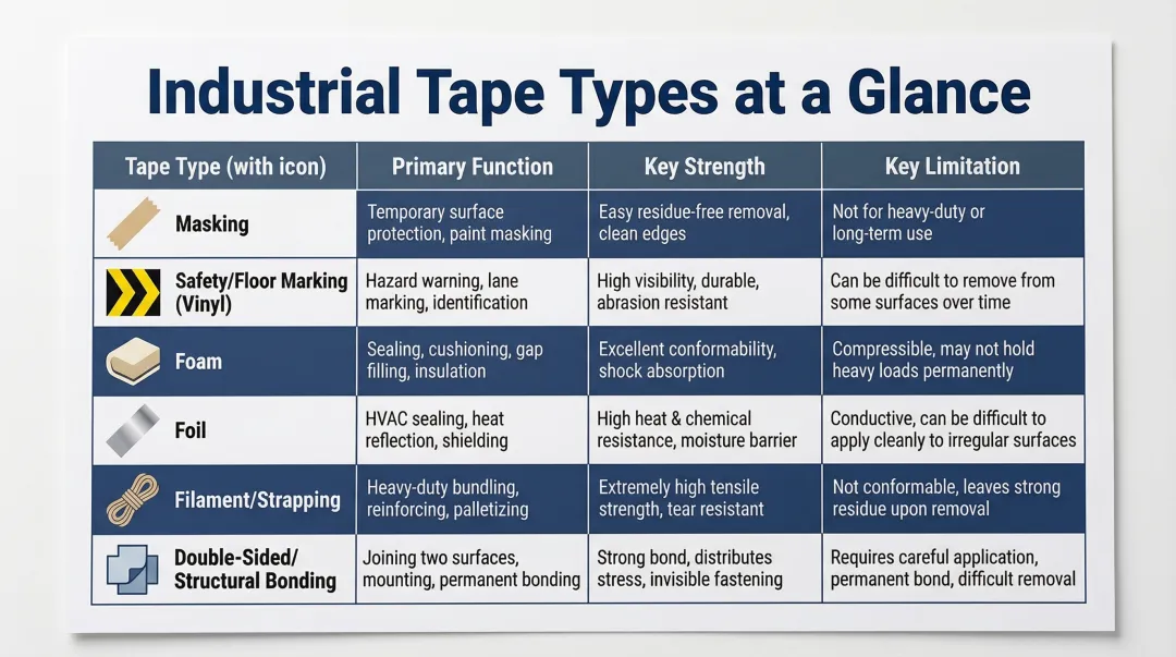 Six industrial tape types comparison chart functions strengths limitations manufacturing applications