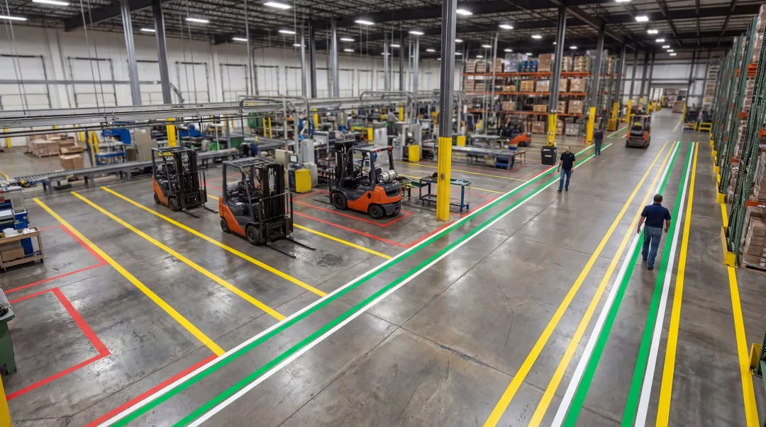 Heavy duty vinyl floor marking tape applied in active industrial manufacturing facility aisle