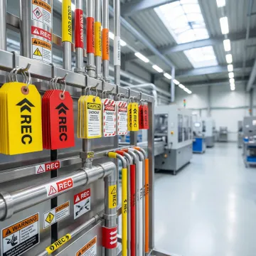 Safety marking products including valve tags, lockout tags, and durable decals arranged in an industrial facility