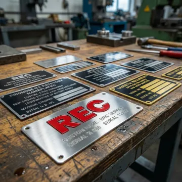 Custom industrial nameplates samples displayed on a workbench