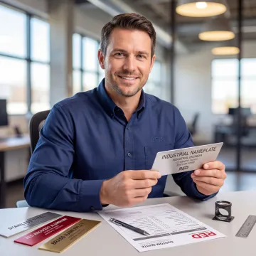 Industrial worker reviewing custom nameplate samples and a printed quote document