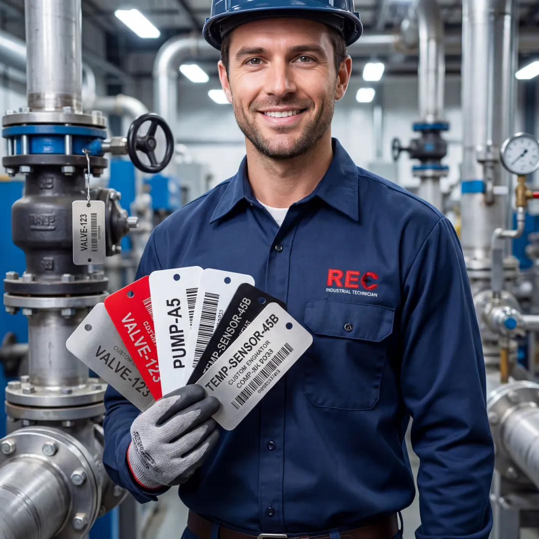 Custom engraved metal and plastic tags used for industrial equipment identification
