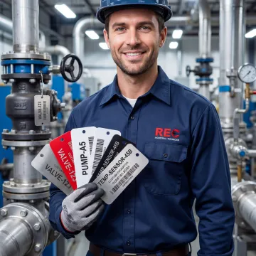 Custom engraved metal and plastic tags used for industrial equipment identification