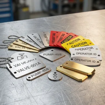 Assortment of custom metal and plastic engraving tags for industrial use