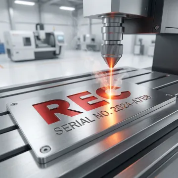 Laser marking machine engraving a stainless steel industrial nameplate in a manufacturing facility