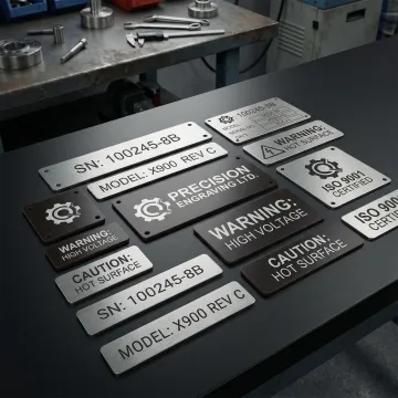 Assortment of laser-marked industrial nameplates on stainless steel and phenolic materials