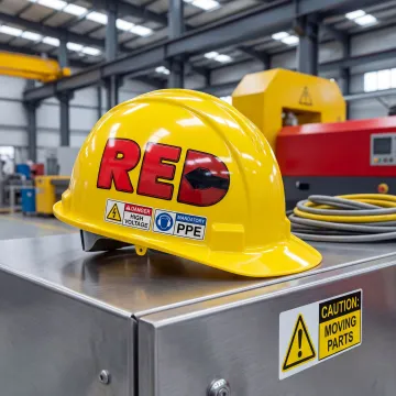 High-quality industrial decals and safety labels displayed on hard hats and equipment in a facility