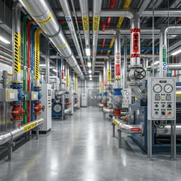 Durable industrial safety decals applied to equipment and pipelines in a manufacturing plant