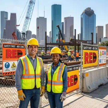 Custom construction safety signs displayed on an active Houston job site