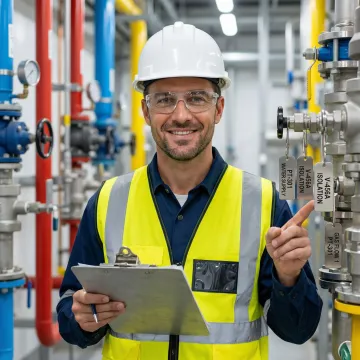 Technician reviewing engraved valve tags on industrial piping system