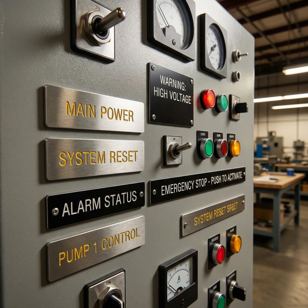 Custom engraved name plates displayed on an industrial panel in Branford CT