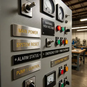 Custom engraved name plates displayed on an industrial panel in Branford CT