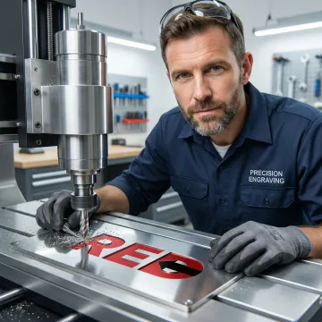 Technician engraving a custom stainless steel name plate in a manufacturing facility