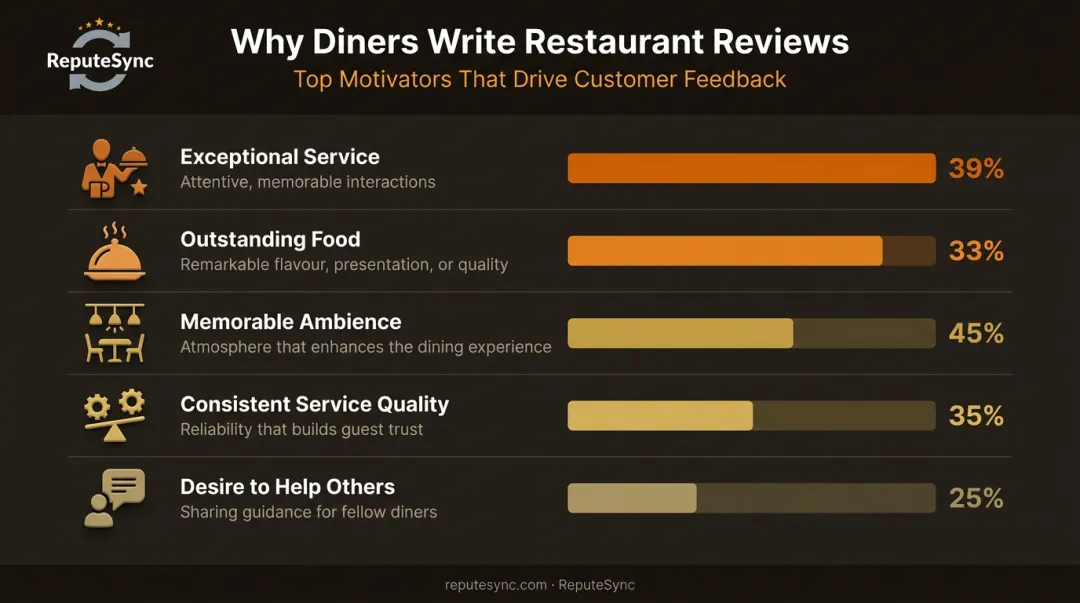 Top motivators for restaurant diners to leave online reviews with percentages