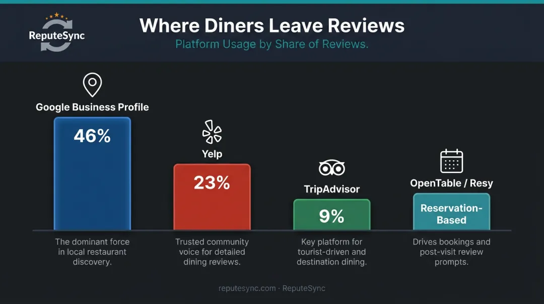 Restaurant review platform comparison infographic showing diner percentage by platform