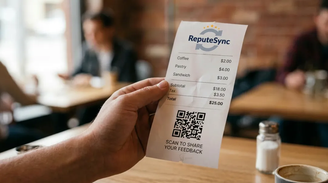 Restaurant receipt with QR code printed at bottom for Google review link