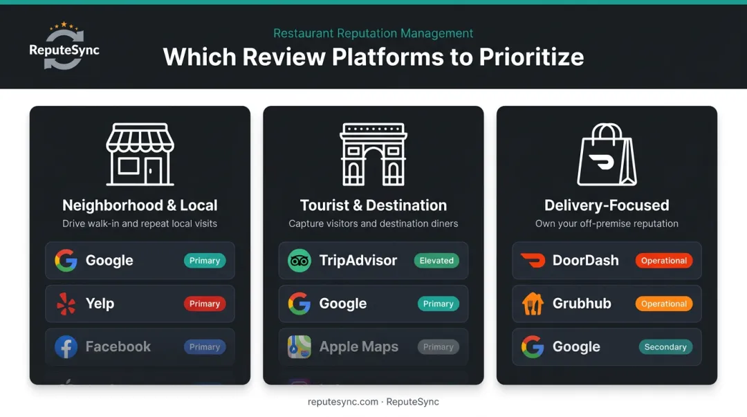 Restaurant review platform priority guide by restaurant type and location infographic