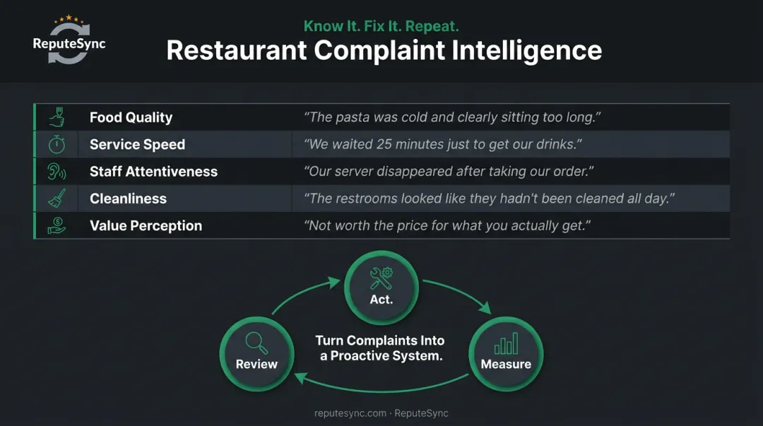 Restaurant complaint category tracking system with operational feedback loop diagram