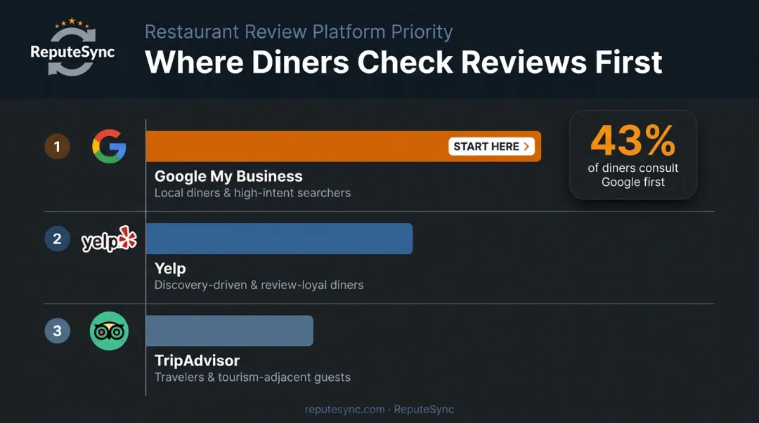 Top restaurant review platforms ranked by diner usage percentage comparison infographic