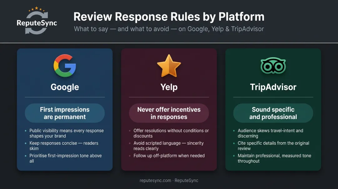Google Yelp TripAdvisor review response platform norms comparison for restaurants