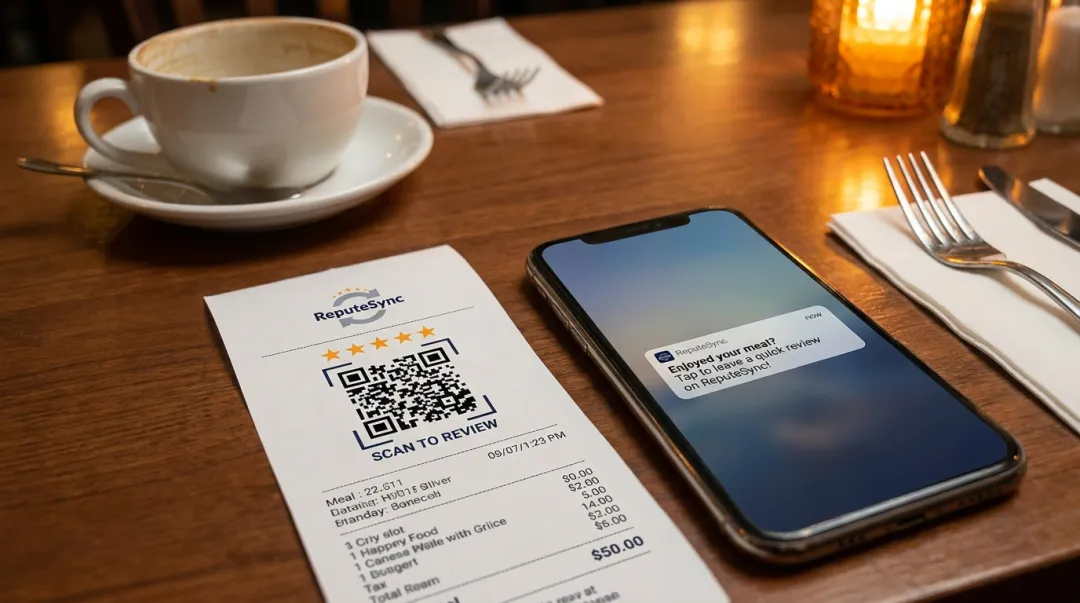 Restaurant receipt with QR code linking to Google review page submission