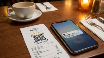 Restaurant receipt with QR code linking to Google review page submission