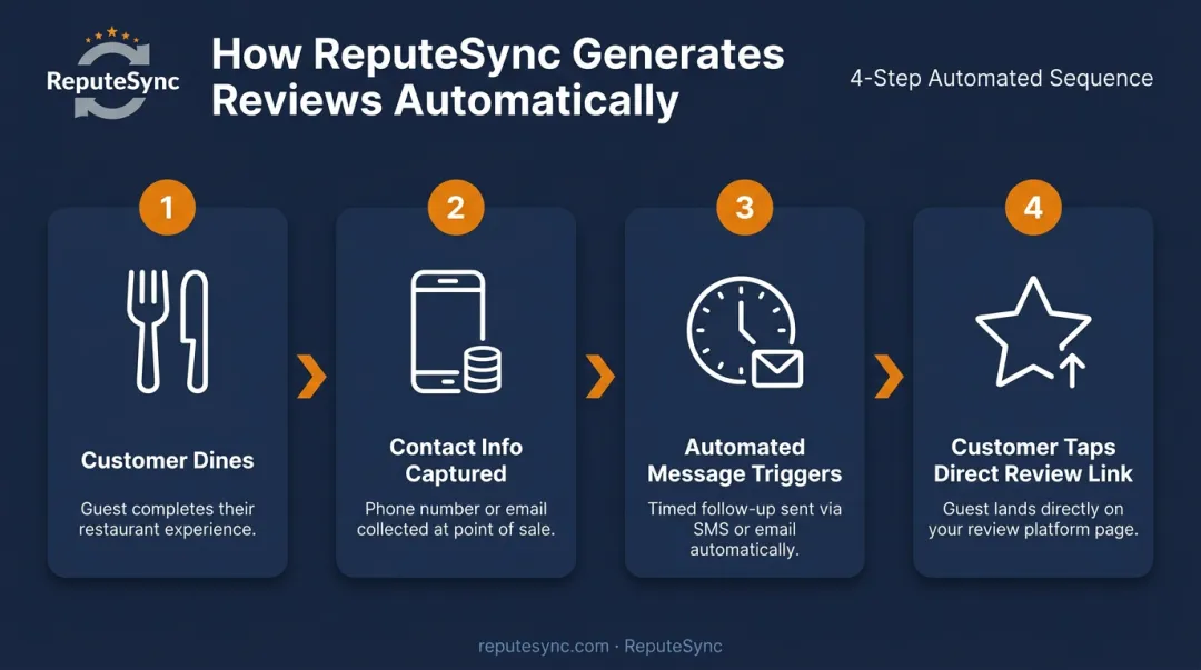 4-step automatic restaurant review generation workflow from visit to published review