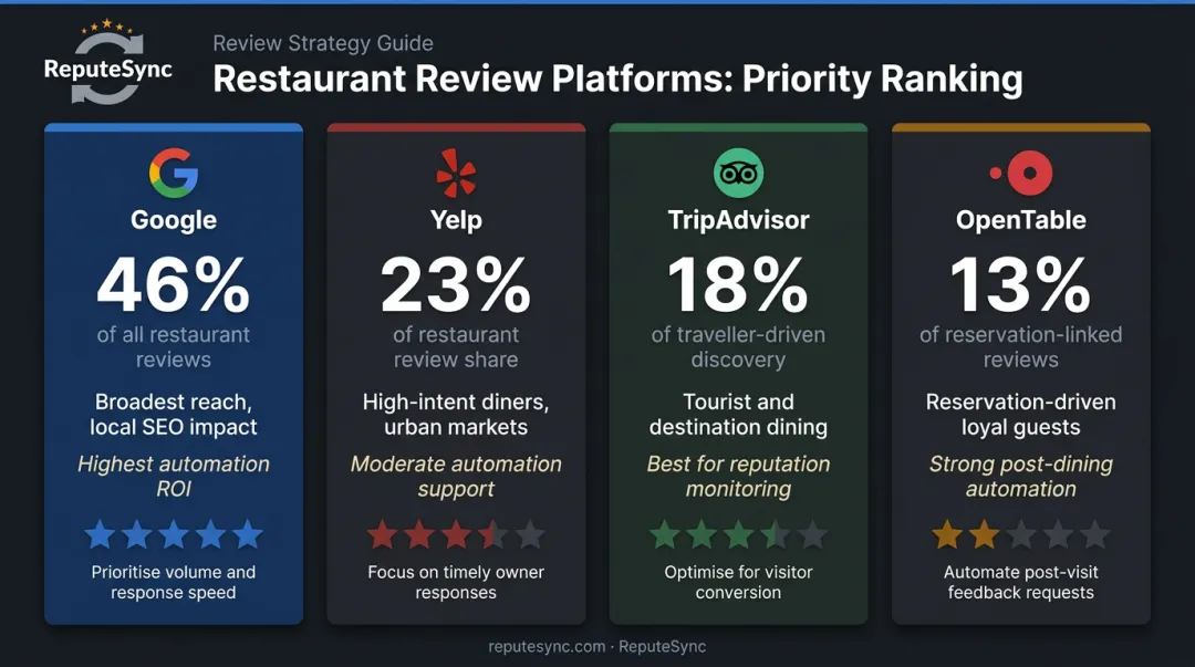 Restaurant review platform comparison Google Yelp TripAdvisor OpenTable priority and usage stats