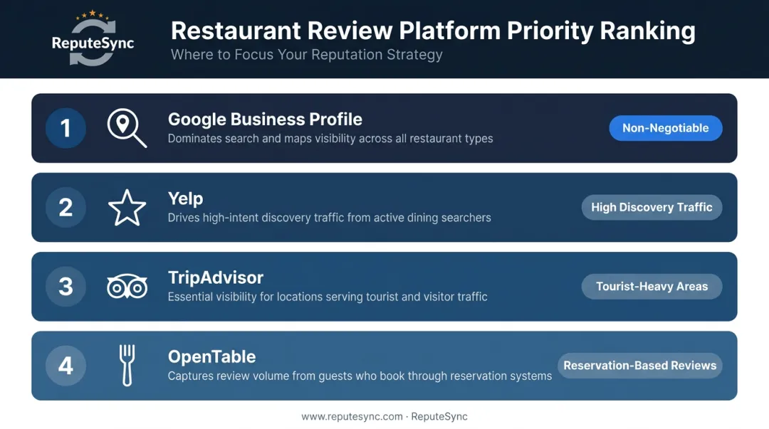Four key restaurant review platforms ranked by priority and importance infographic