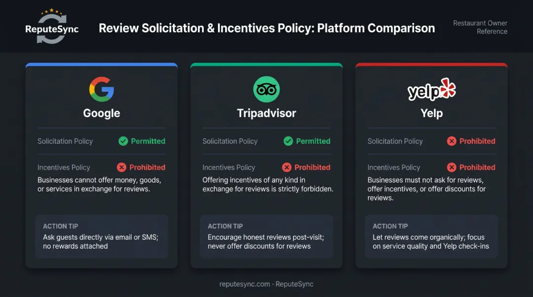 Google Tripadvisor and Yelp review solicitation policy comparison chart for restaurants