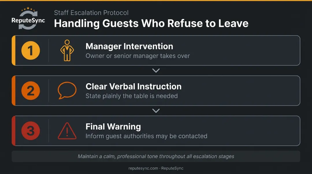 3-step restaurant guest escalation path when customers refuse to leave