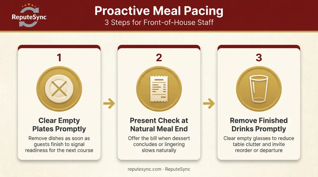 3-step restaurant meal pacing sequence to naturally conclude dining visits