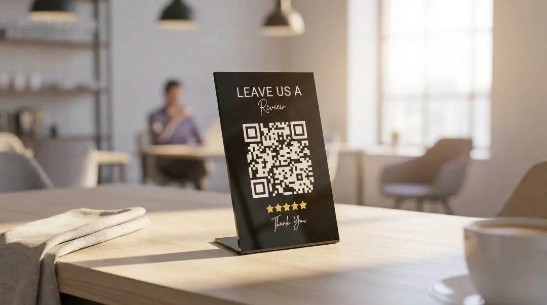 Restaurant table card with QR code linking to Google review page